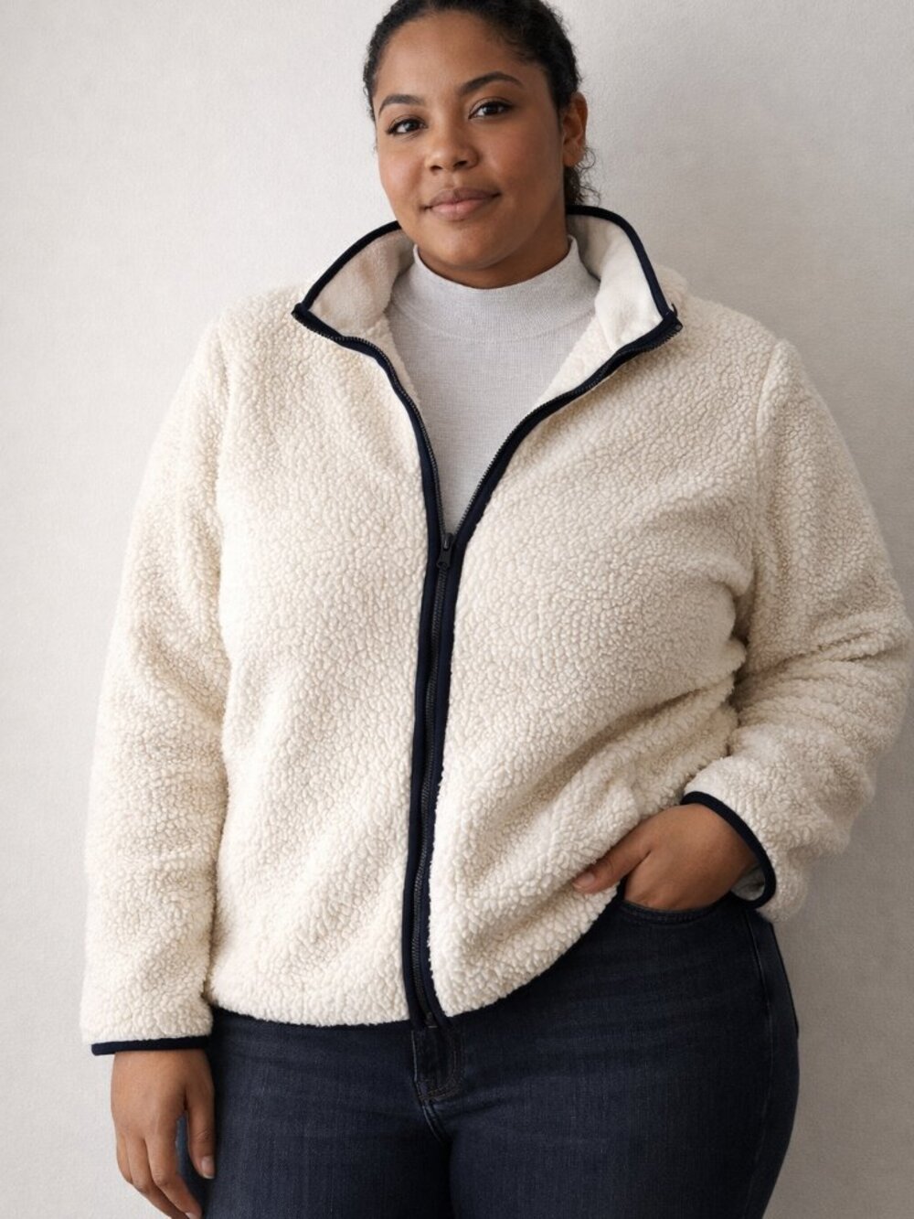 Lands' End Sherpa Fleece Zip Jacket Ivory/Navy Trim Women's 1X 16W-18W Plus